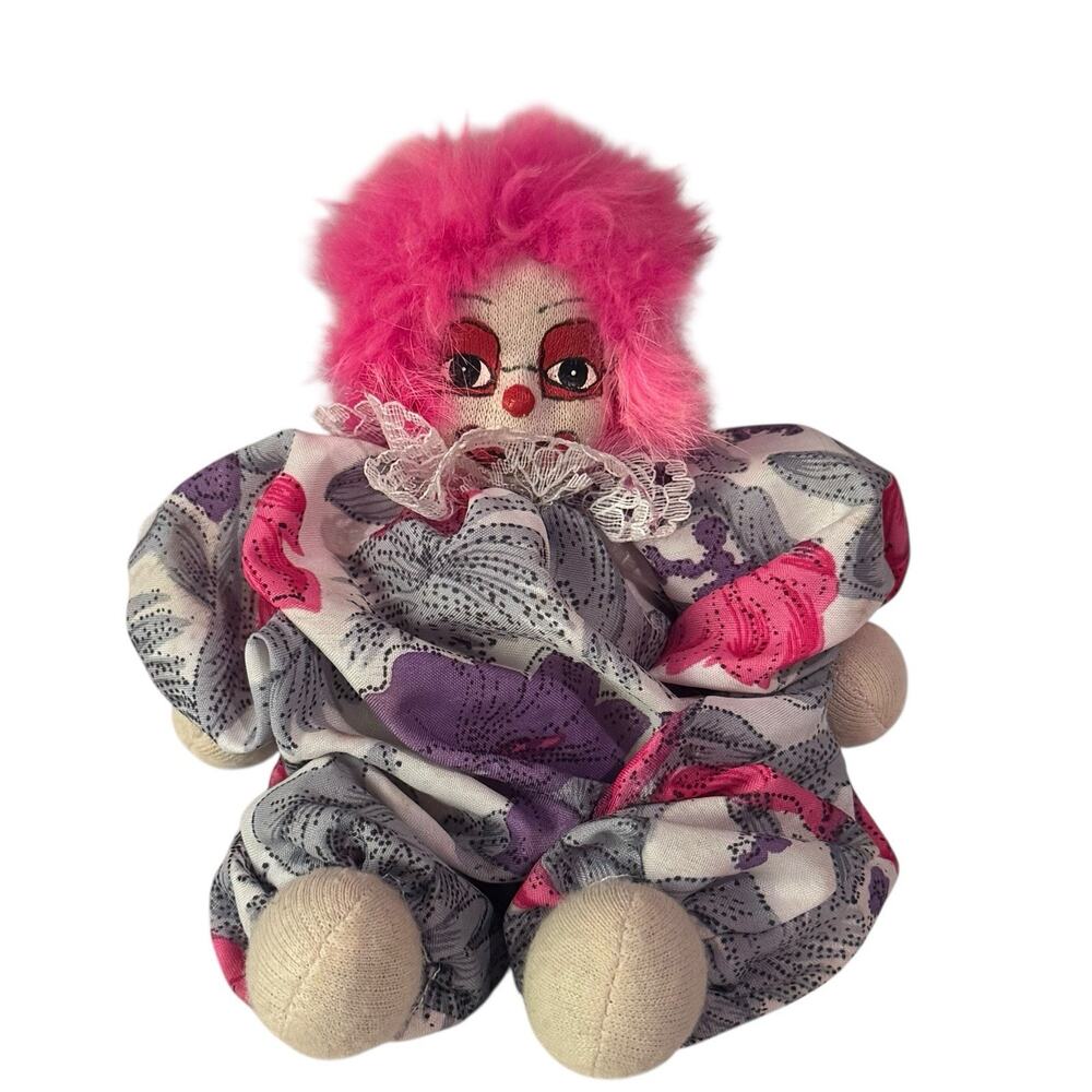 Vintage Q-Tee-Clown Sand Doll Pink Hear Hand Made/Painted 8" Creepy Clown Decor